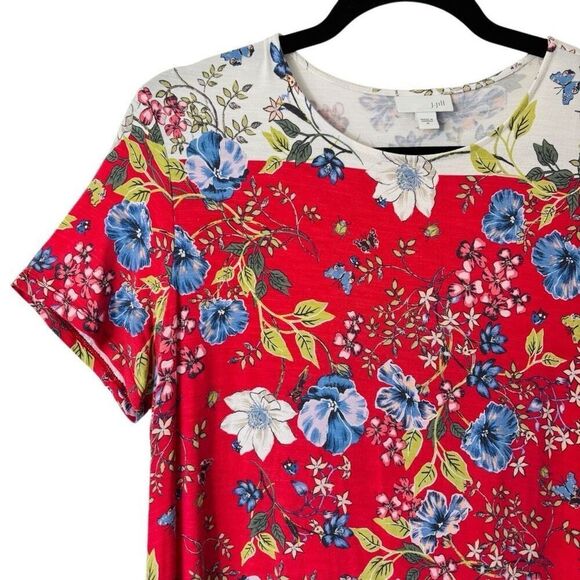 J. Jill M placed print red white blue multi floral soft tunic short sleeve - Picture 2 of 9